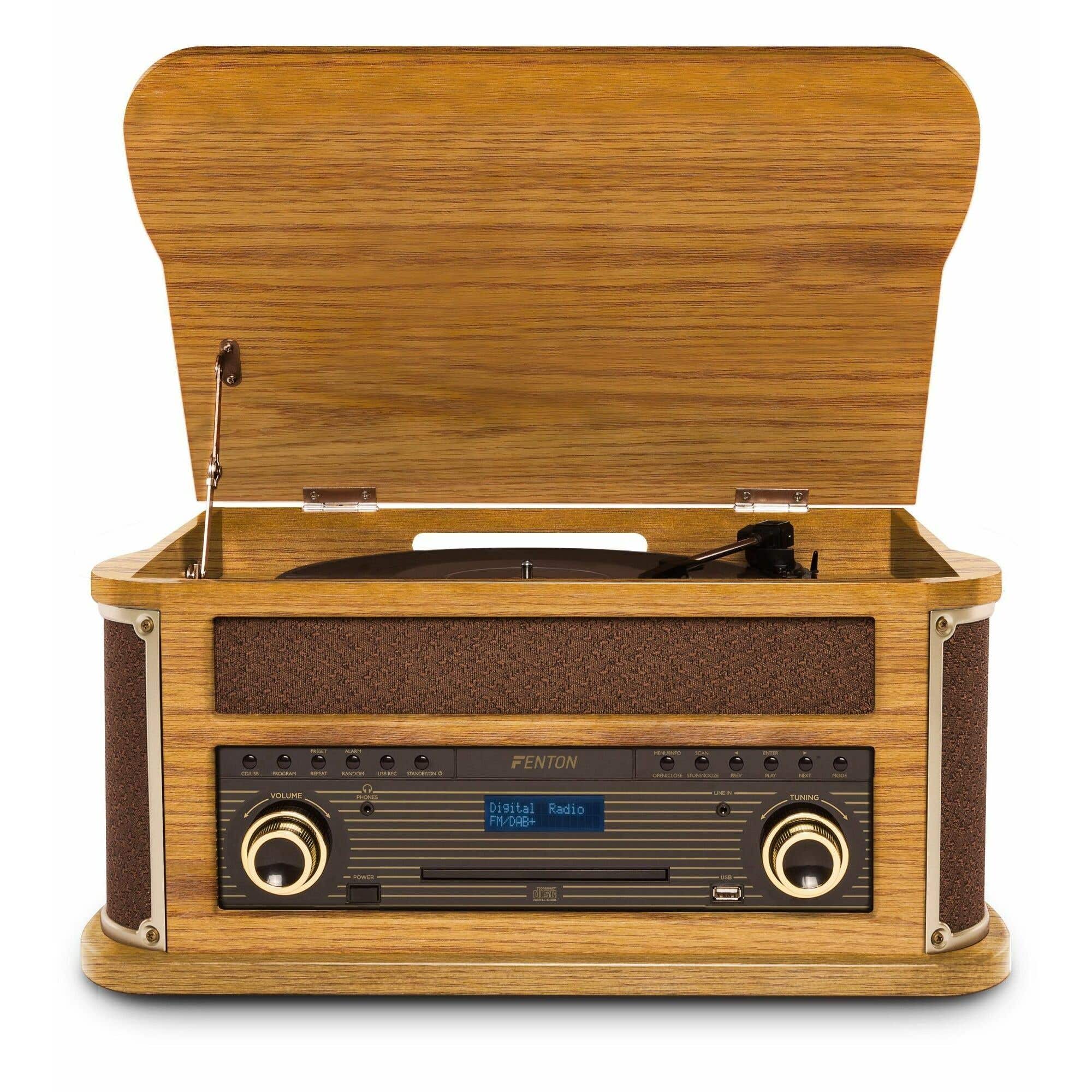 Fenton Memphis grammofoon platenspeler met Bluetooth, DAB & FM, CD, cassette en mp3 speler - Bruin