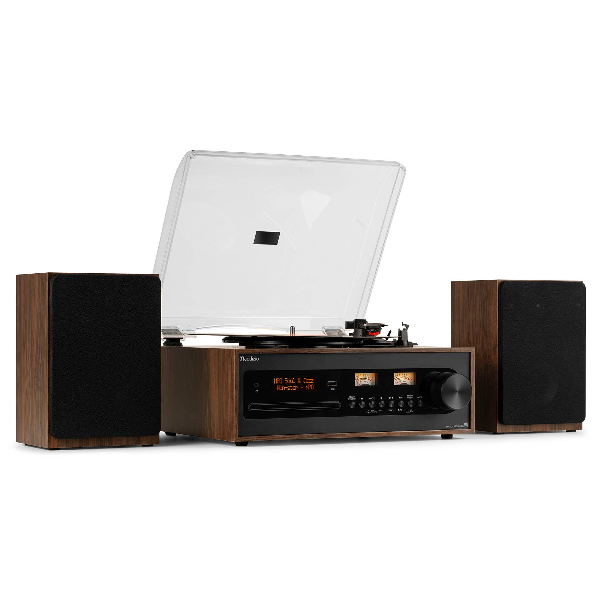 Audizio Boston platenspeler met boxen - Platenspeler met Bluetooth, CD speler en DAB+ radio - Hout