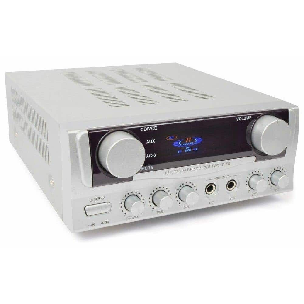 SkyTronic zilvergrijze stereo versterker met twee microfooningangen