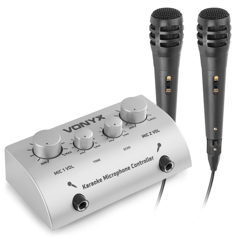 Karaoke set - Vonyx AV430 - 2x karaoke microfoon met mixer met echo effect - Maak van je stereo set een echte karaoke set! - Zilver
