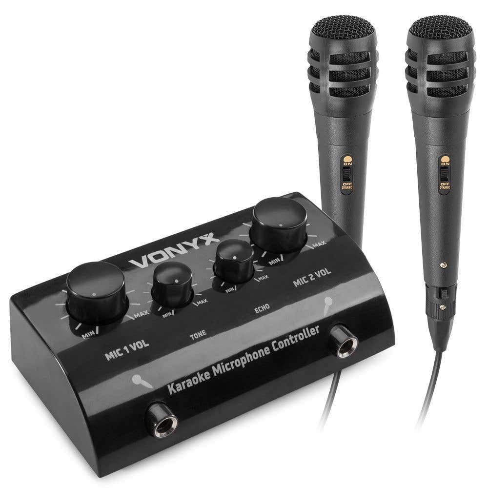 Karaoke set - Vonyx AV430B - 2x karaoke microfoon met mixer met echo effect - Maak van je stereo set een echte karaoke set! - Zwart