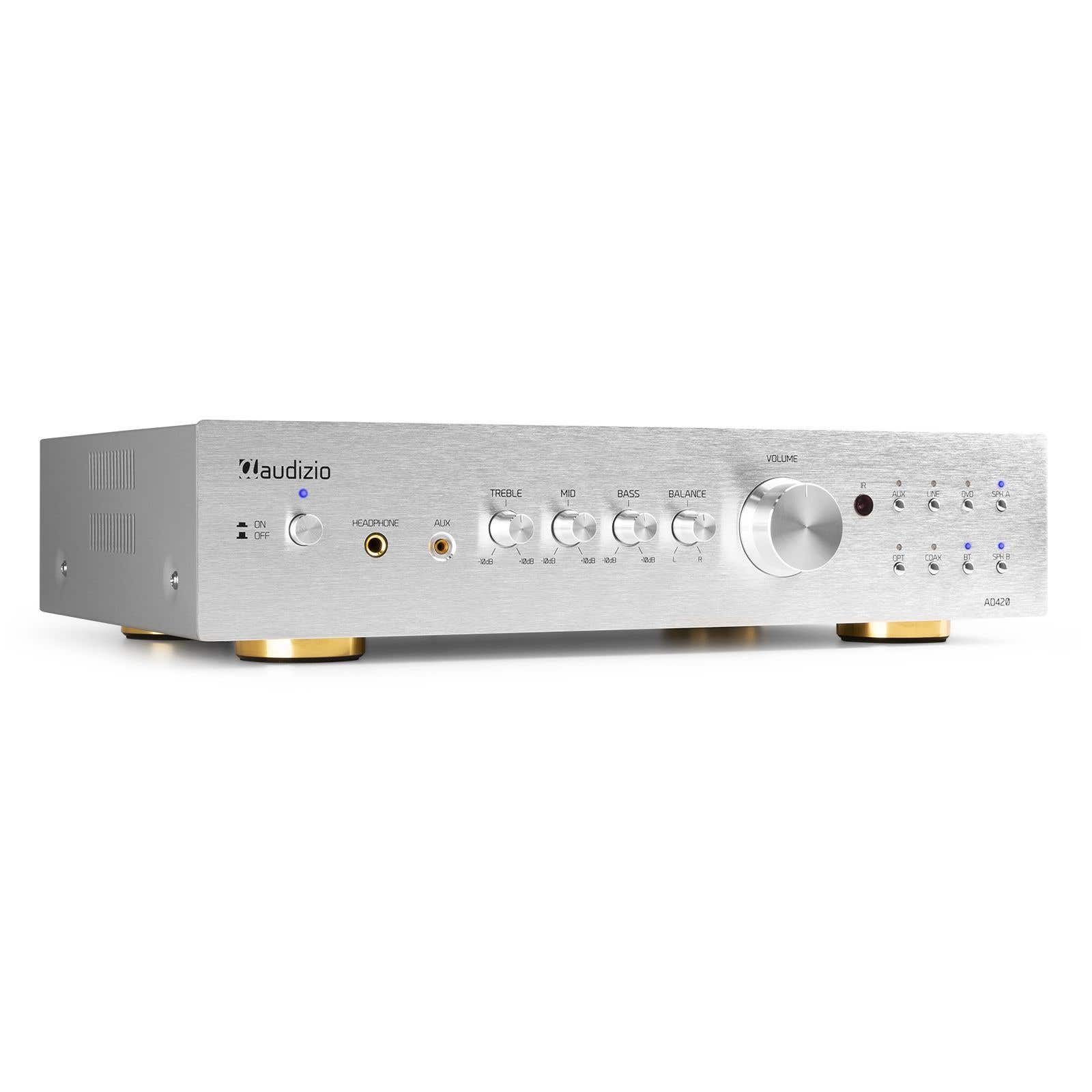 Audizio AD420A stereo versterker - 4-kanaals - 2.1 hifi versterker met Bluetooth - Zilver