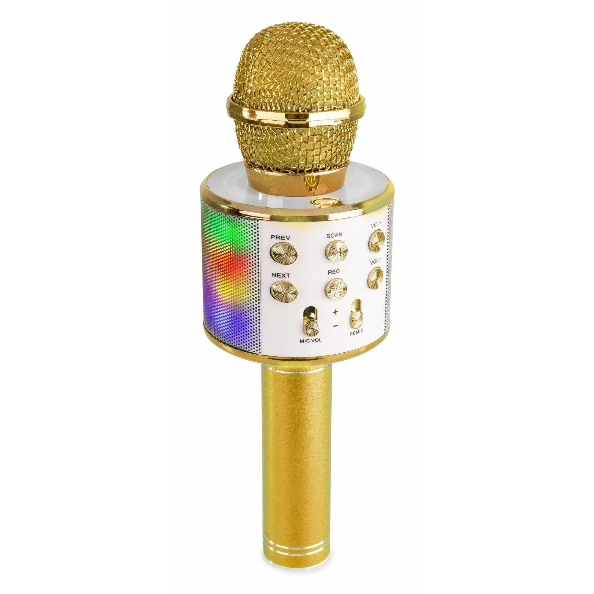 Karaoke microfoon - karaoke set - MAX KM15G draadloze karaokemicrofoon met ingebouwde LED's, speaker, Bluetooth, selfiefunctie mp3, echo effect & stemvervormer - Goud