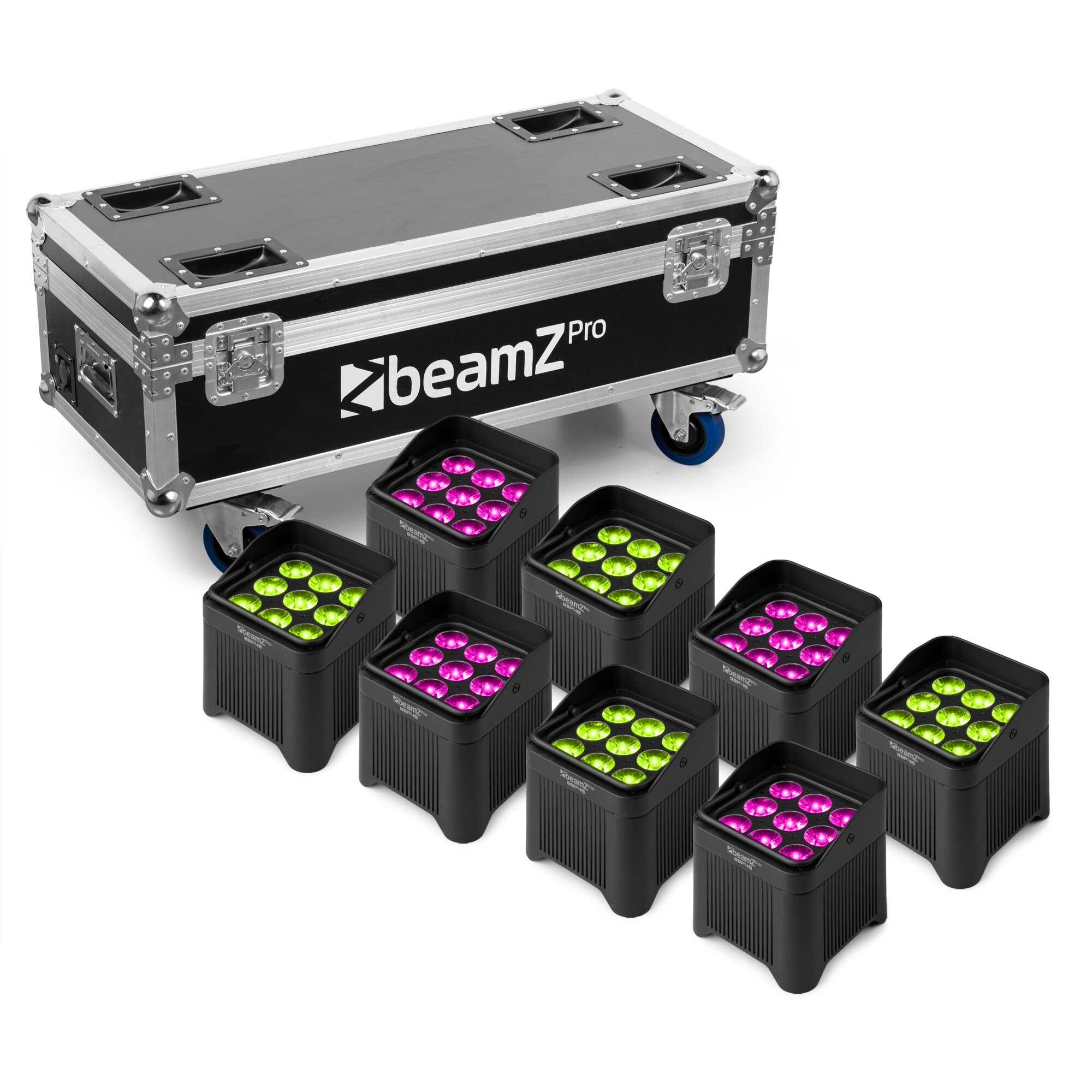 BeamZ Professional BBP48 set van 8 accu uplights in flightcase - Waterdichte uplights - RGBWA-UV