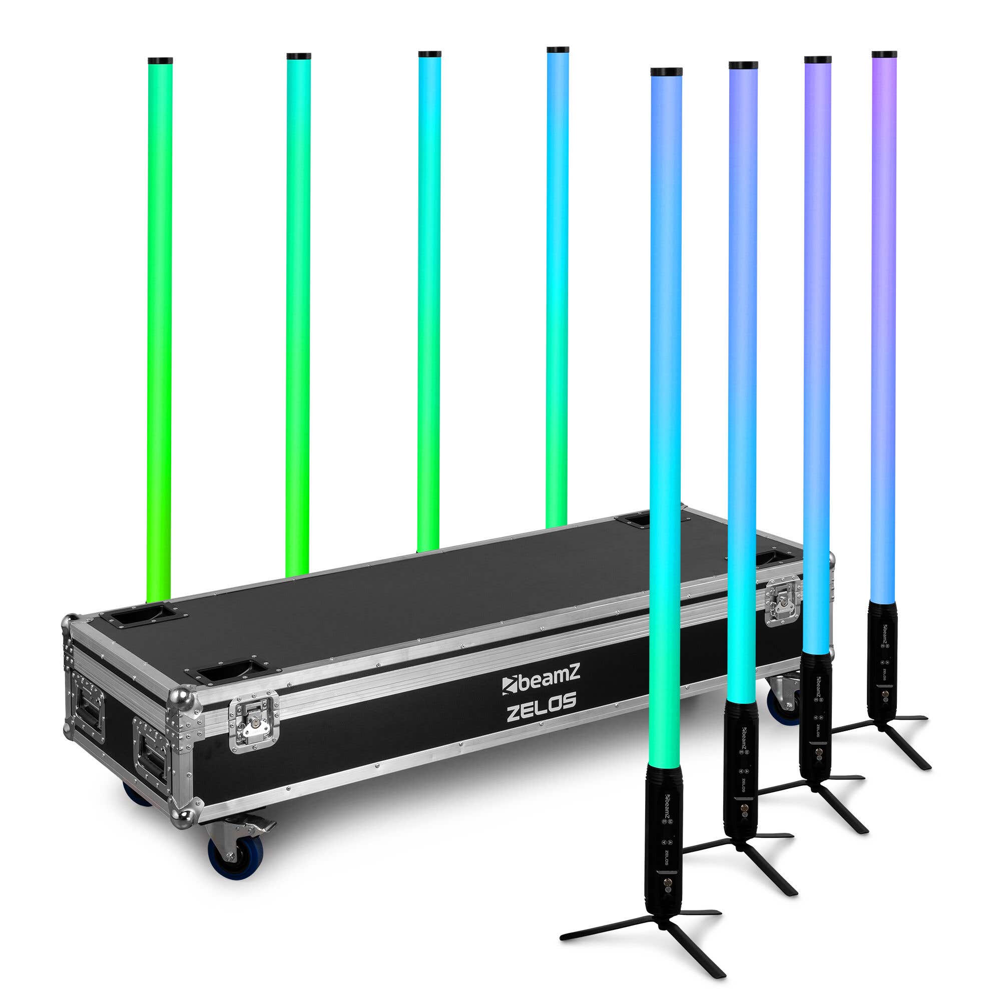 Retourdeal - BeamZ Zelos LED Tube set van 8 stuks in flightcase - Met 360° RGBW/CW LED’s - IP65 - Draadloze DMX