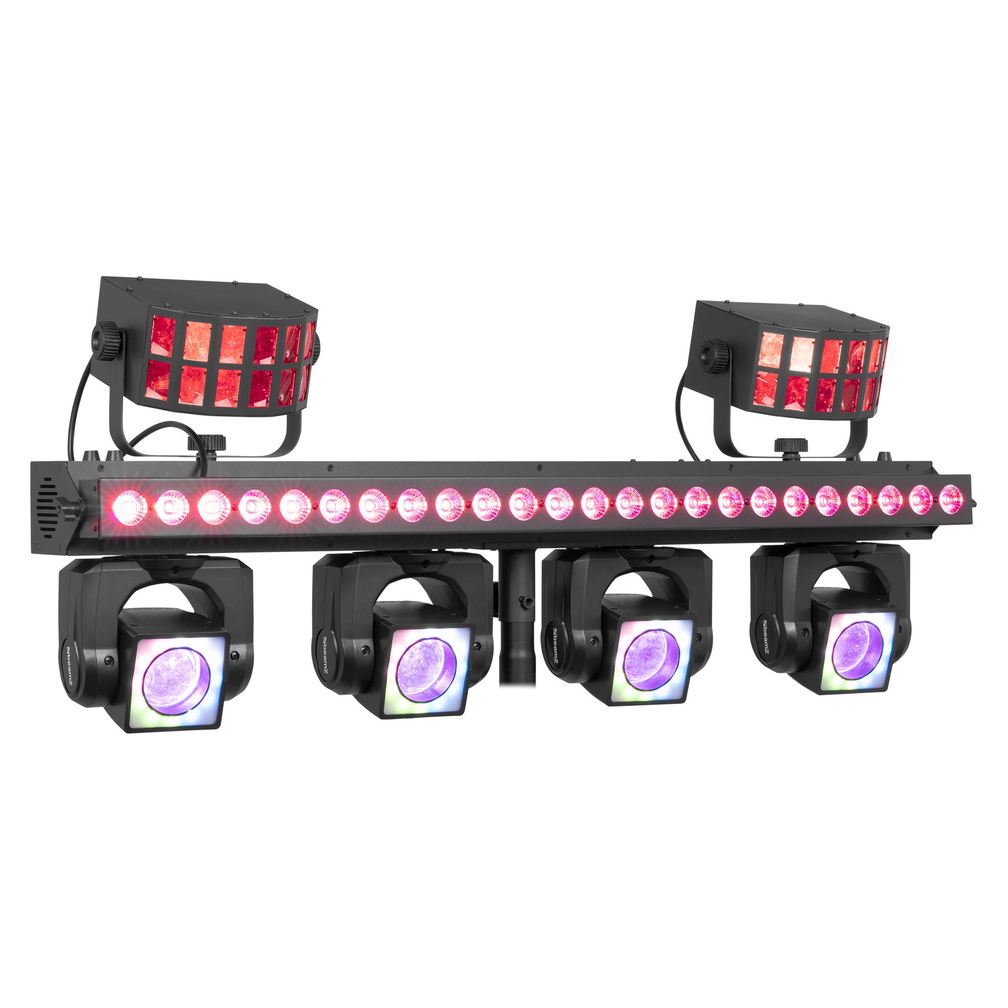 BeamZ ShowBar GO Ultra - Moving head bar met 4 moving heads - Met LED bar en 2x Derby effects - RGBW