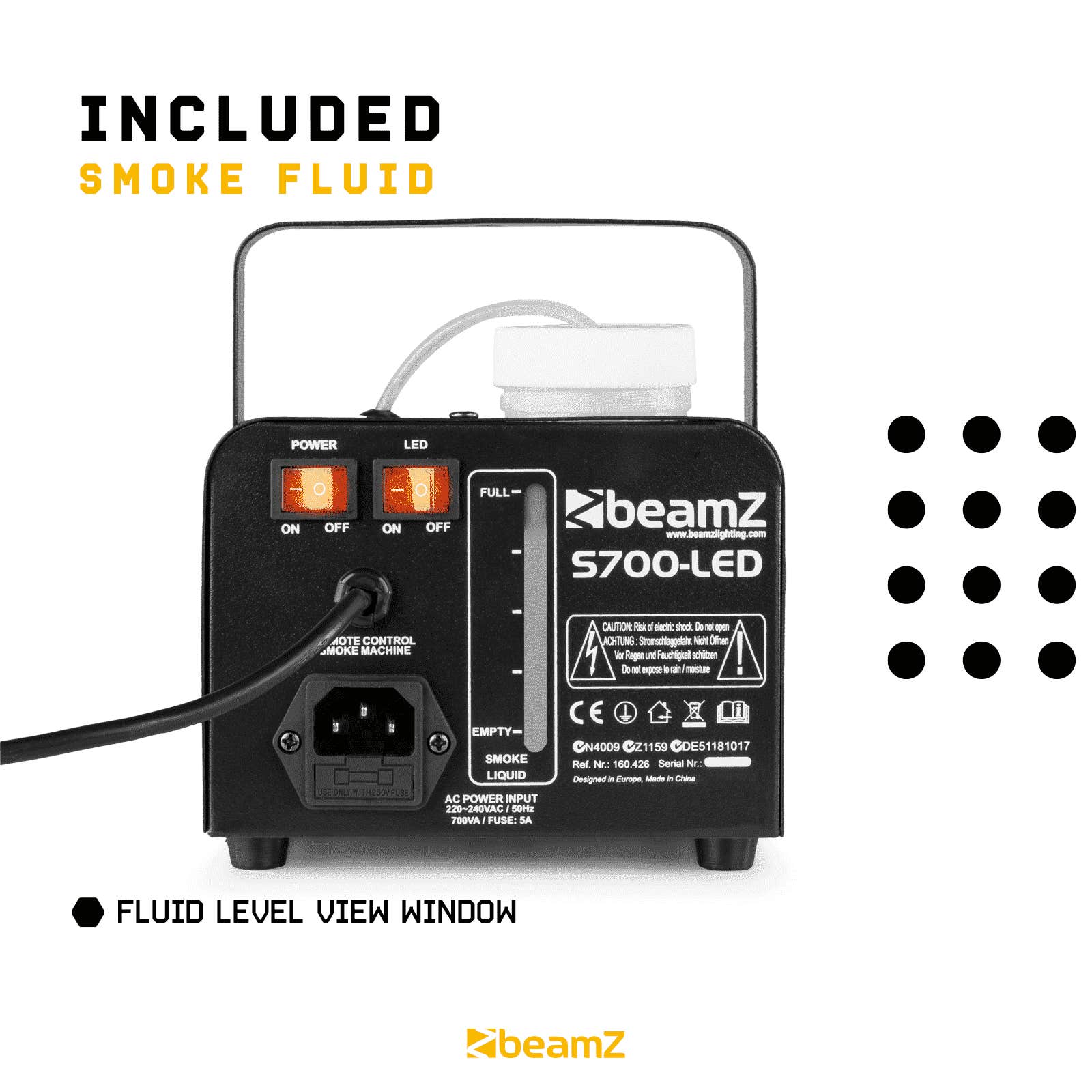 Audibax Smoke 700 LED - Maquina de Humo con Iluminación Efecto Fuego - Maquina de Niebla con Mando a Distancia - Potencia de 700W - Capacidad 250 ml - Humo por Minuto