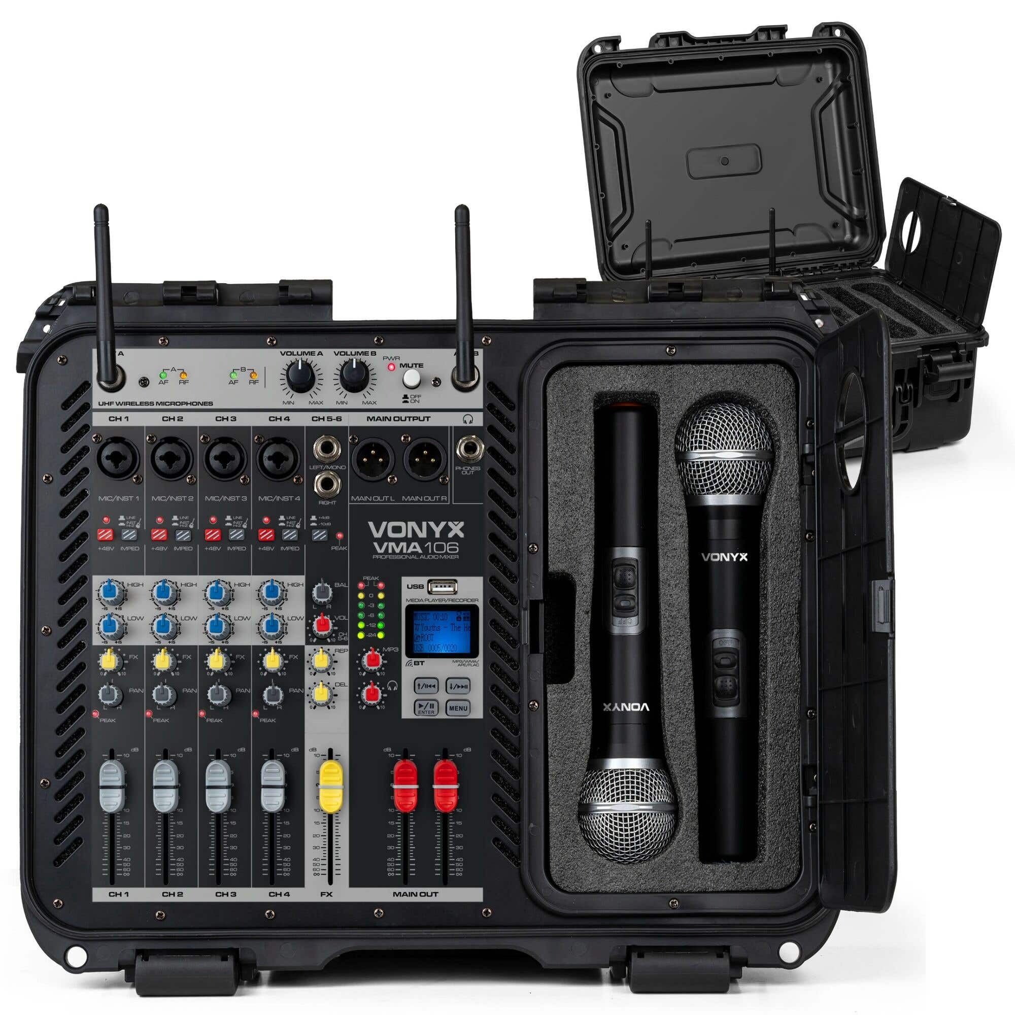 Retourdeal - Vonyx VMA106 Mixer in stevige flightcase - met 2 UHF draadloze microfoons - alles-in-één systeem