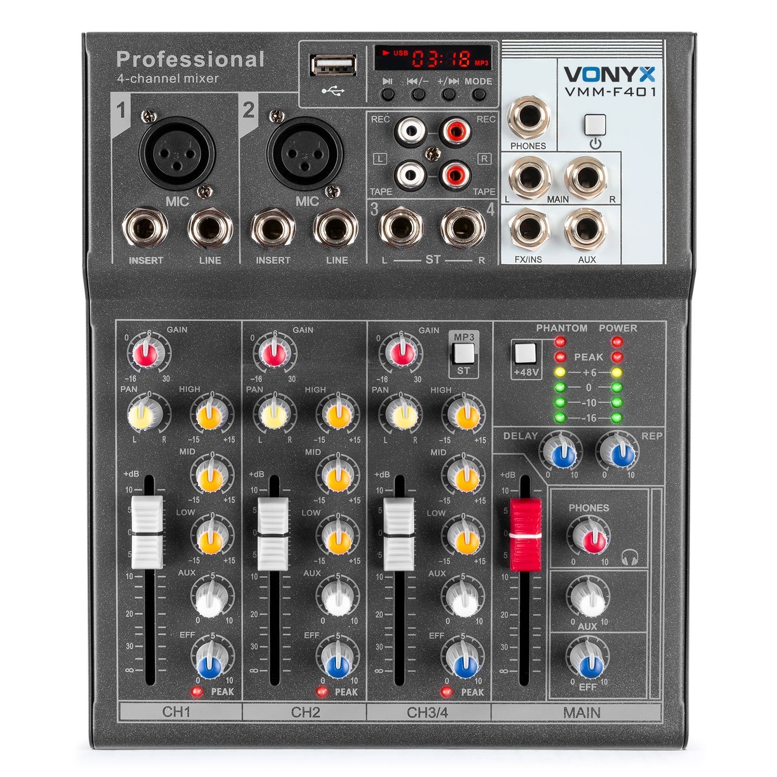 Vonyx VMM-F401 4 kanaals muziek mixer met effect en USB speler