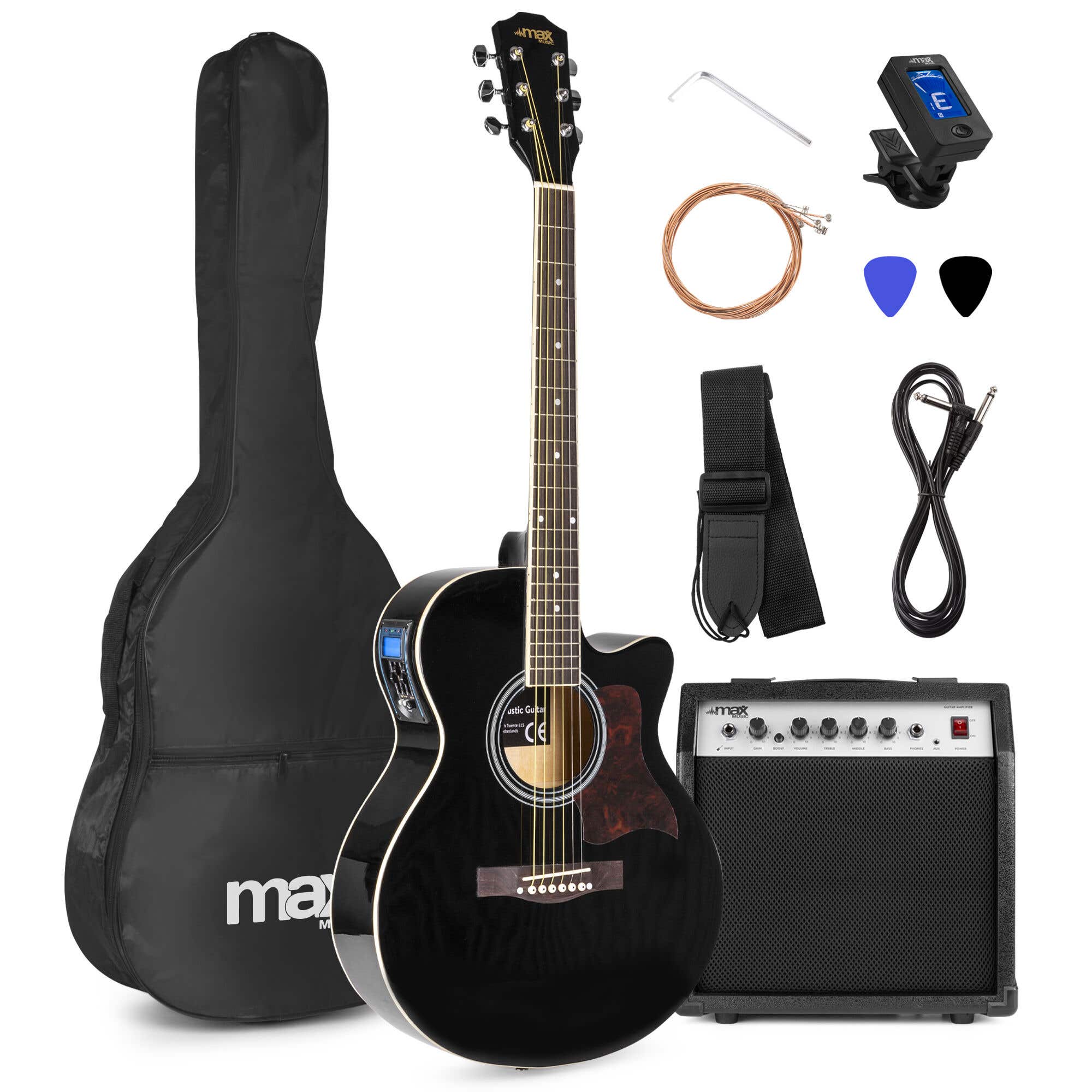 Single Cutaway Elektro-akoestische Gitaar, Zwart, met 15W Akoestische Versterker & Accessoireset Single Cutaway Elektro-akoestische Gitaar, Zwart, met 15W Akoestische Versterker & Accessoireset
