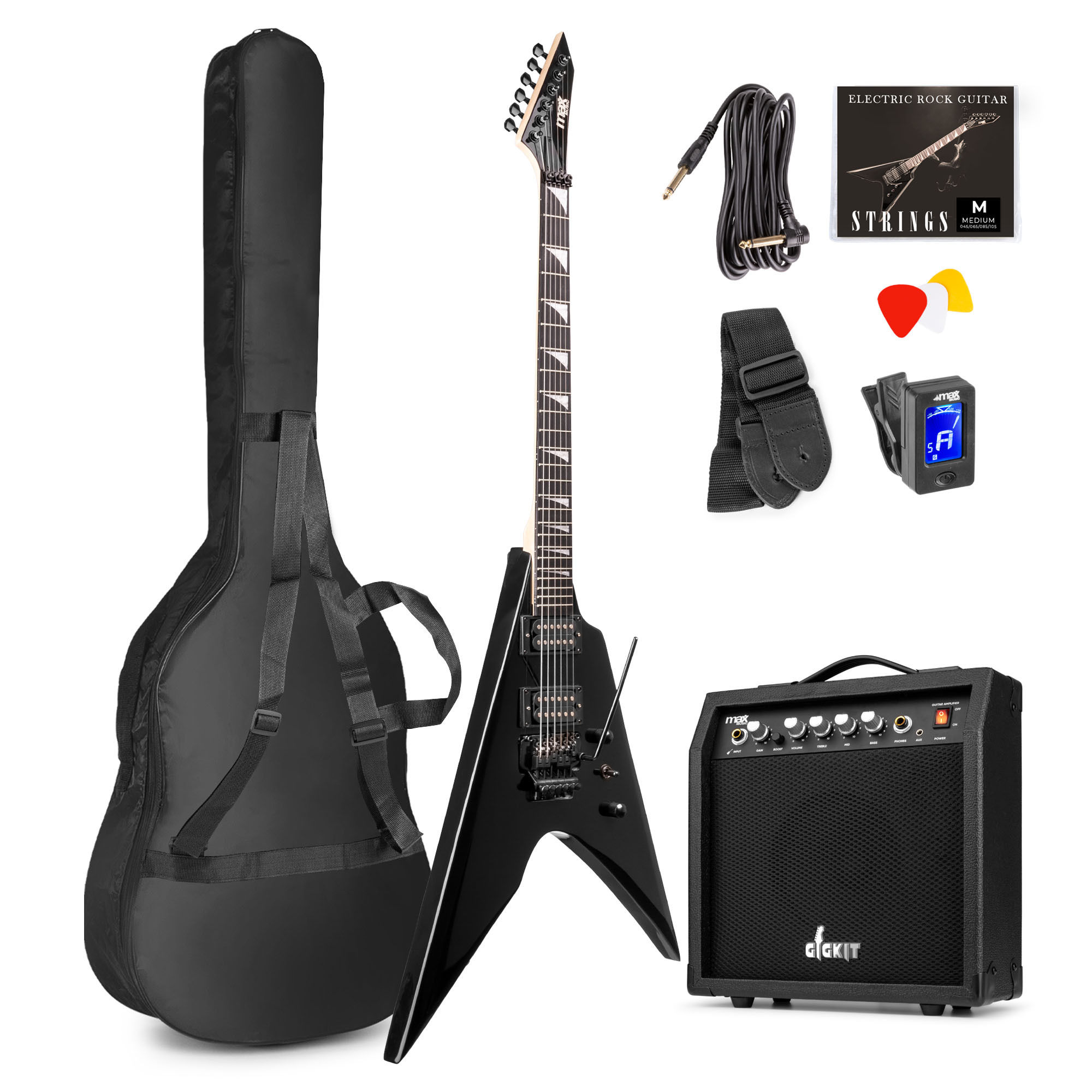 Max GigKit Rock V-stijl Elektrische gitaar set met 40 Watt versterker en accessoires