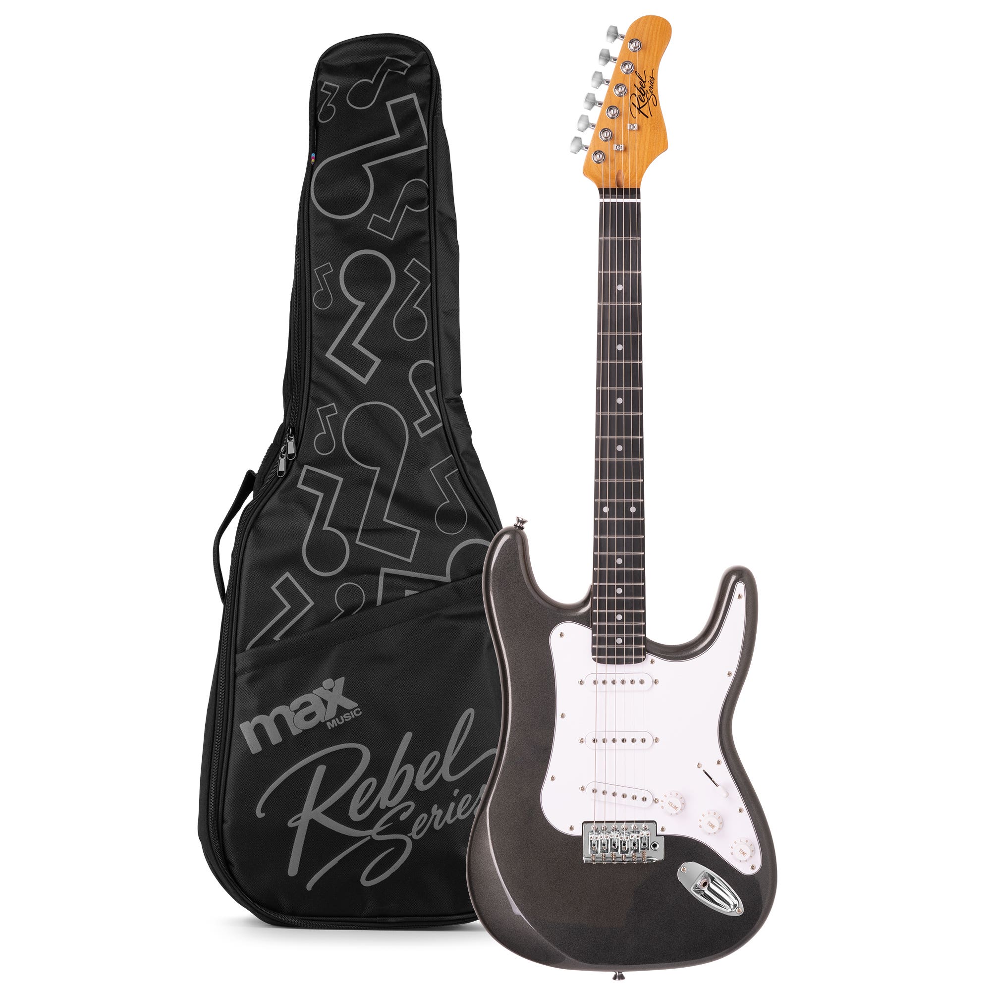 MAX Rebel ST Elektrische gitaar - Roasted maple hals met 22 frets - Incl. gitaartas - Metallic black
