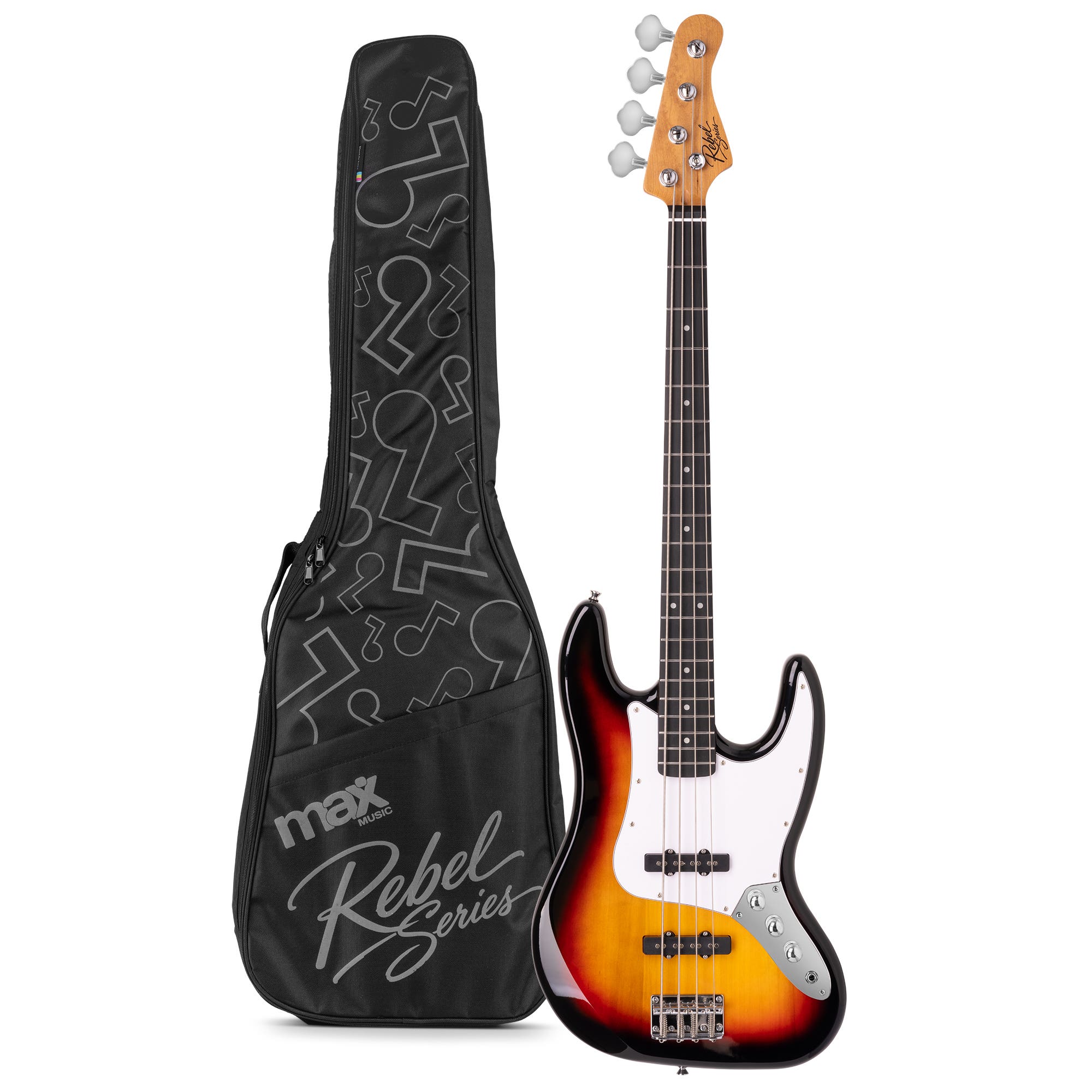MAX Rebel JB Basgitaar - Roasted maple hals met 20 frets - Inclusief gitaartas - Sunburst
