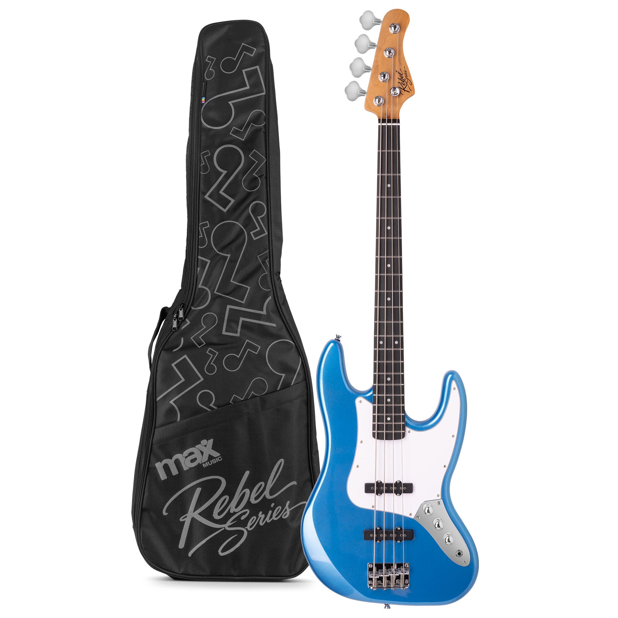 MAX Rebel JB Basgitaar - Roasted maple hals met 20 frets - Inclusief gitaartas - Metallic Blue