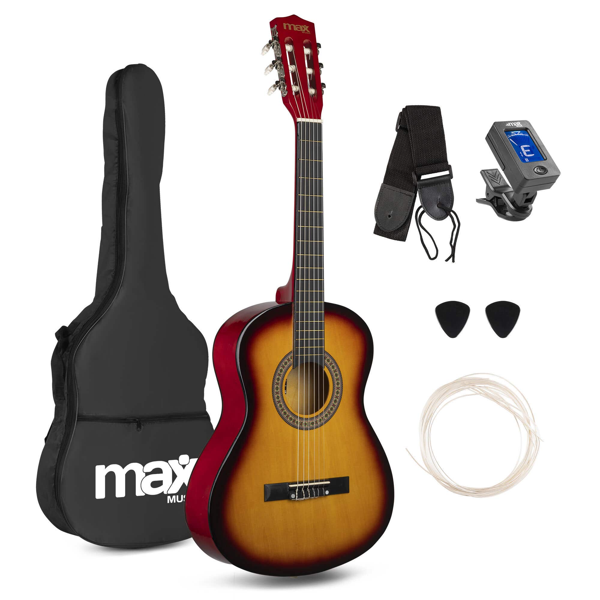 MAX SoloArt Junior 3/4 - Akoestische kindergitaar - Complete starterset met accessoires - Sunburst