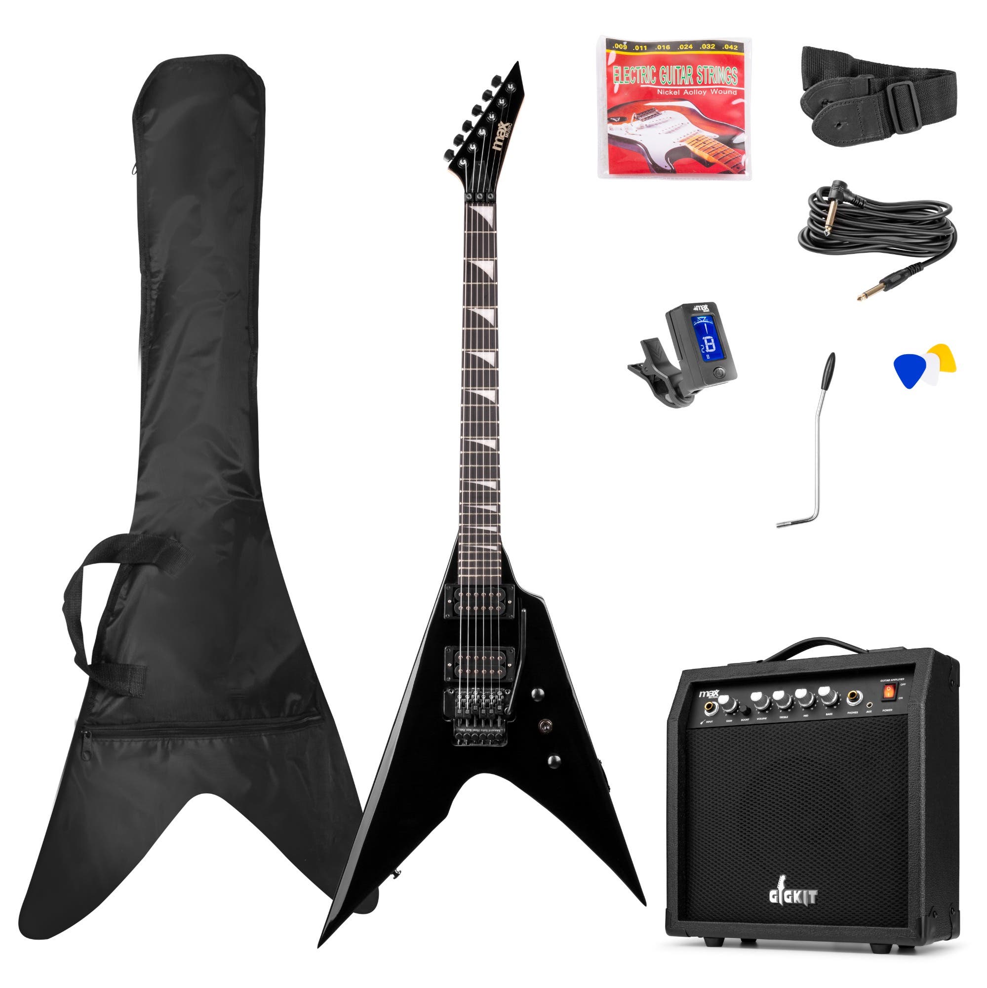 Max GigKit Rock V-stijl Elektrische gitaar 4/4 - Set met 40 Watt versterker en accessoires