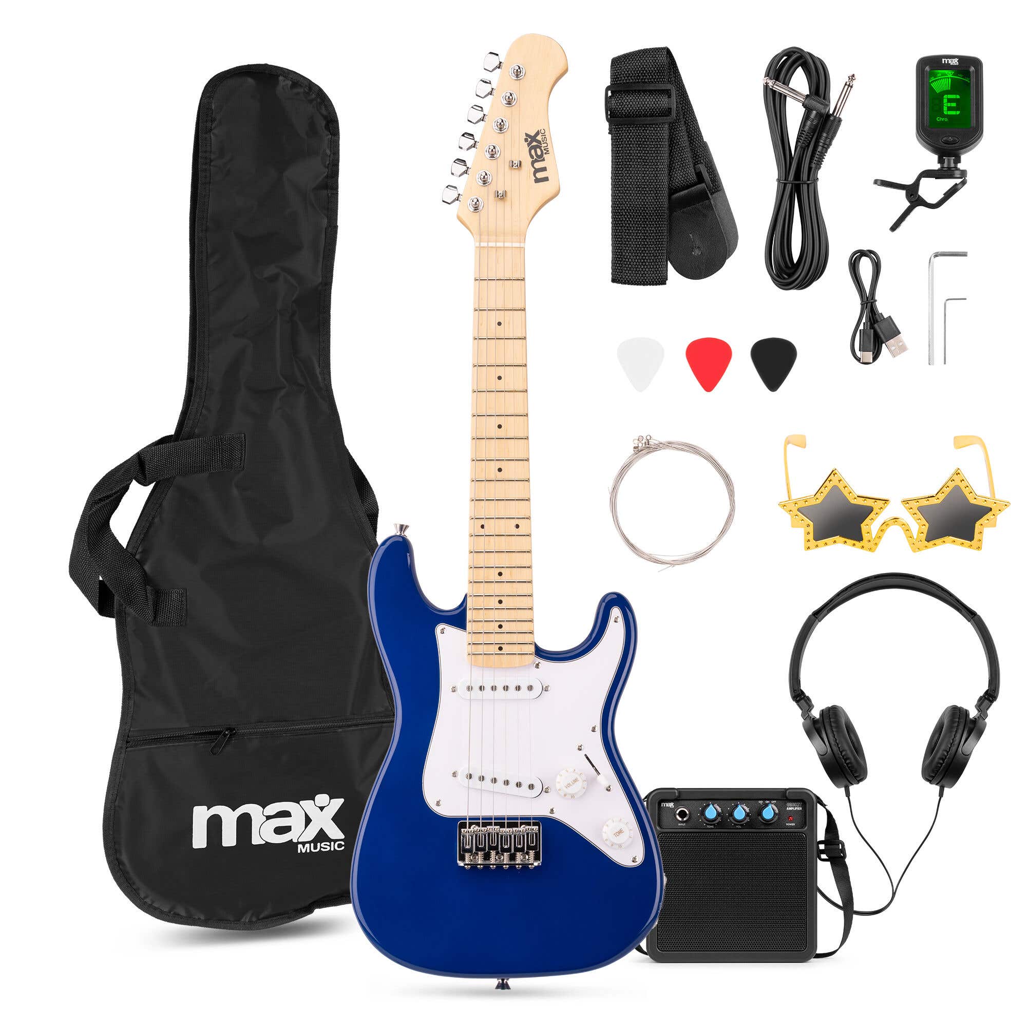 MAX GigKit Junior 1/4 - Elektrische kindergitaar - Complete starterset met accessoires - Blauw