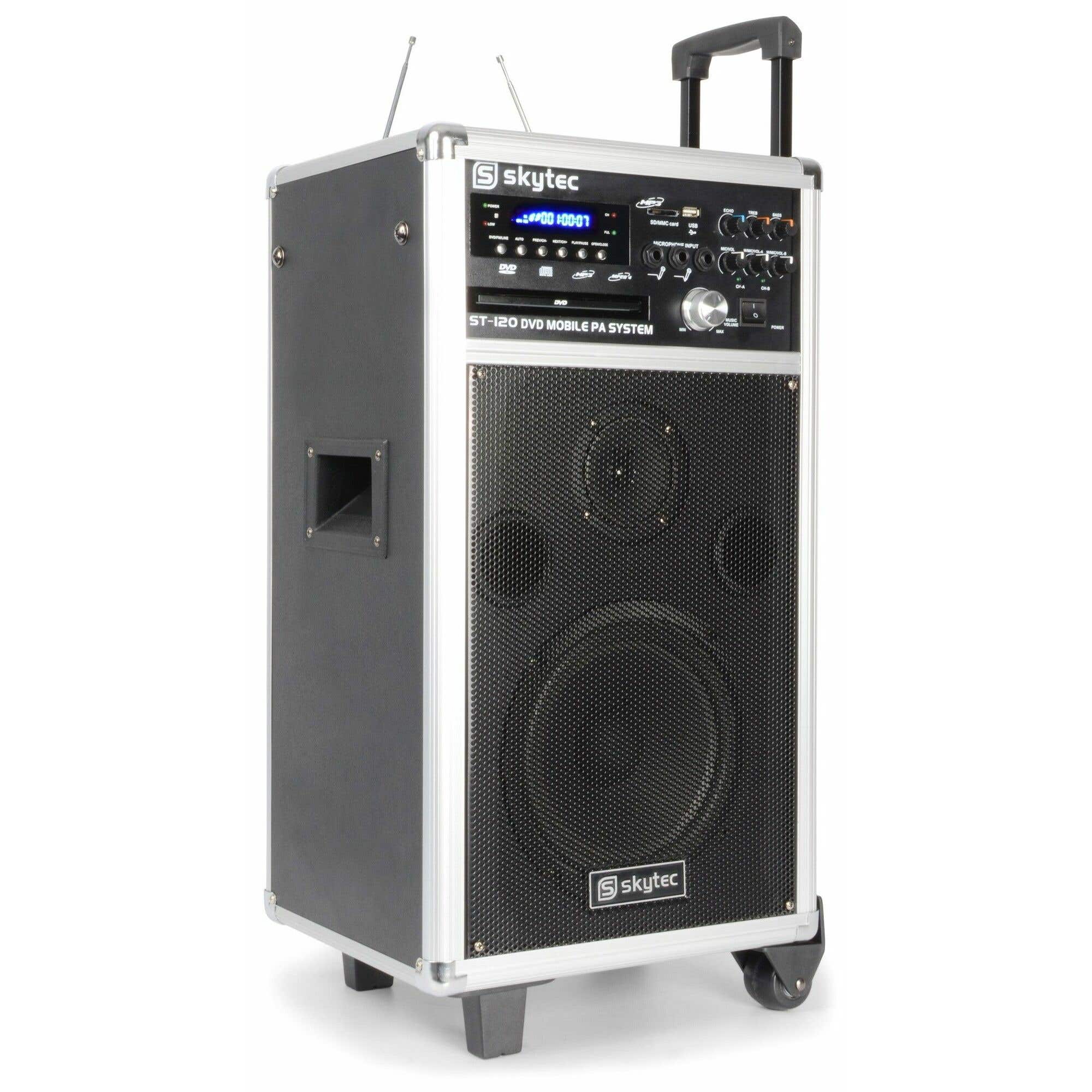 SkyTec ST120 Mobiele geluidsinstallatie met Accu, Draadloze microfoons, DVD CD USB & SD MP3