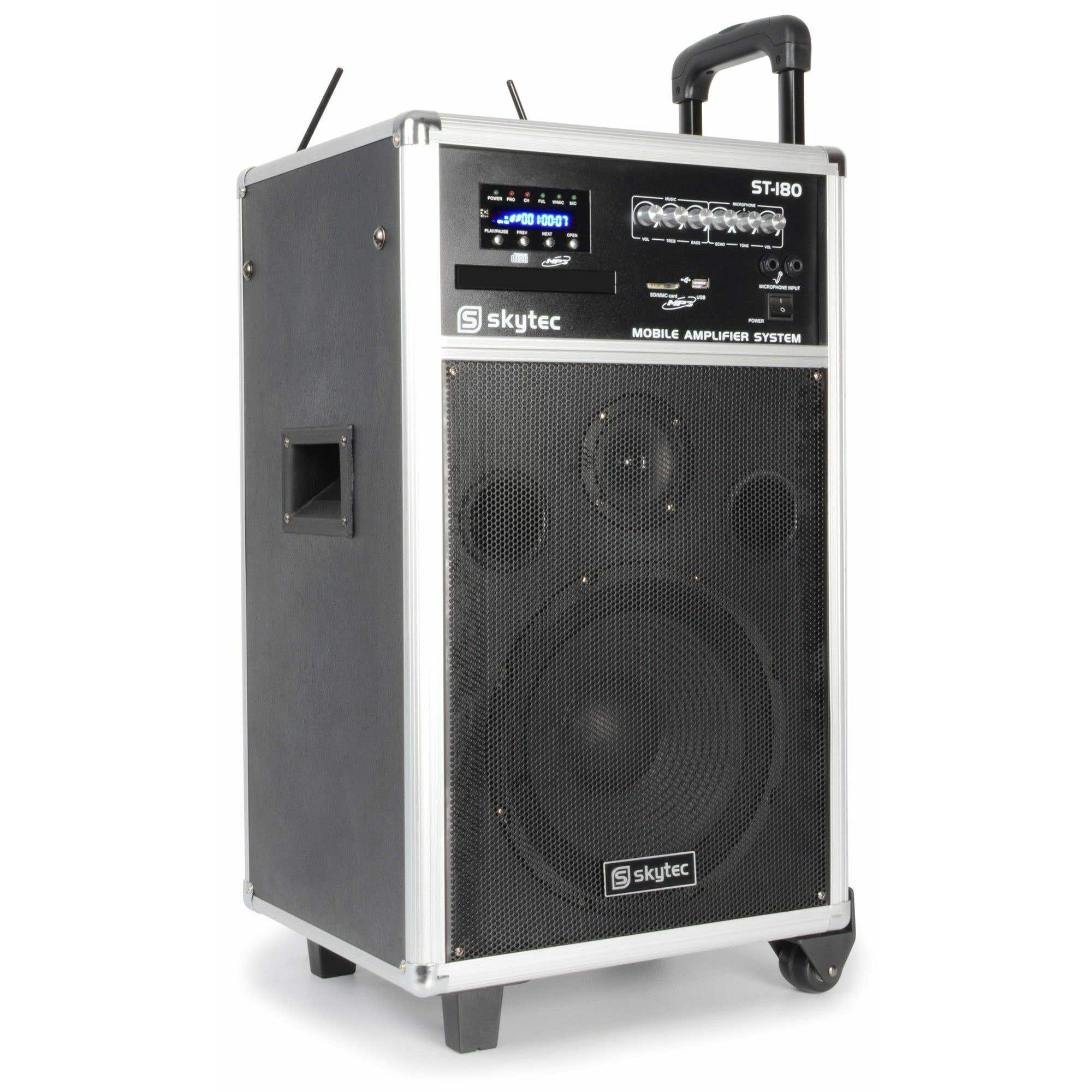 SkyTec ST180 Mobiele geluidsinstallatie met accu, draadloze microfoons, CD, USB MP3