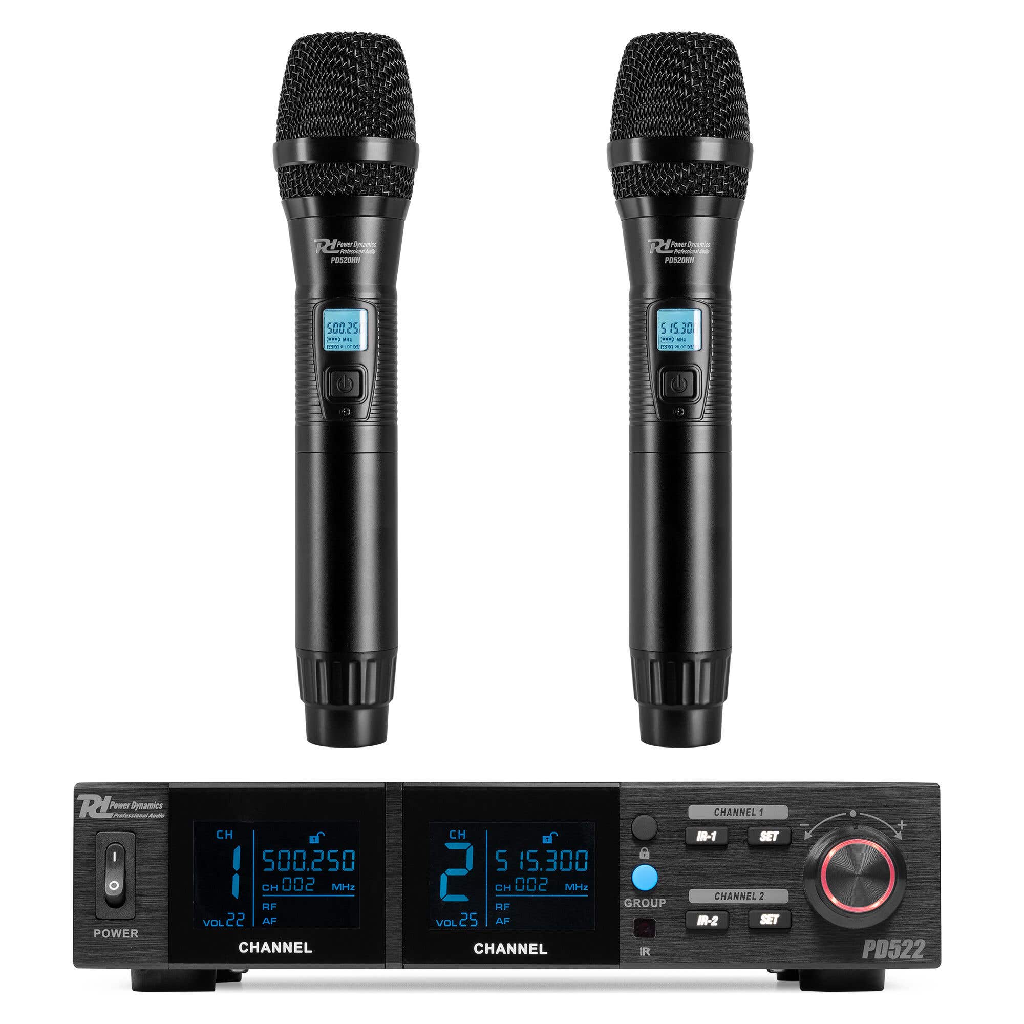 Power Dynamics PD522 microfoonsysteem met 2 draadloze UHF microfoons -