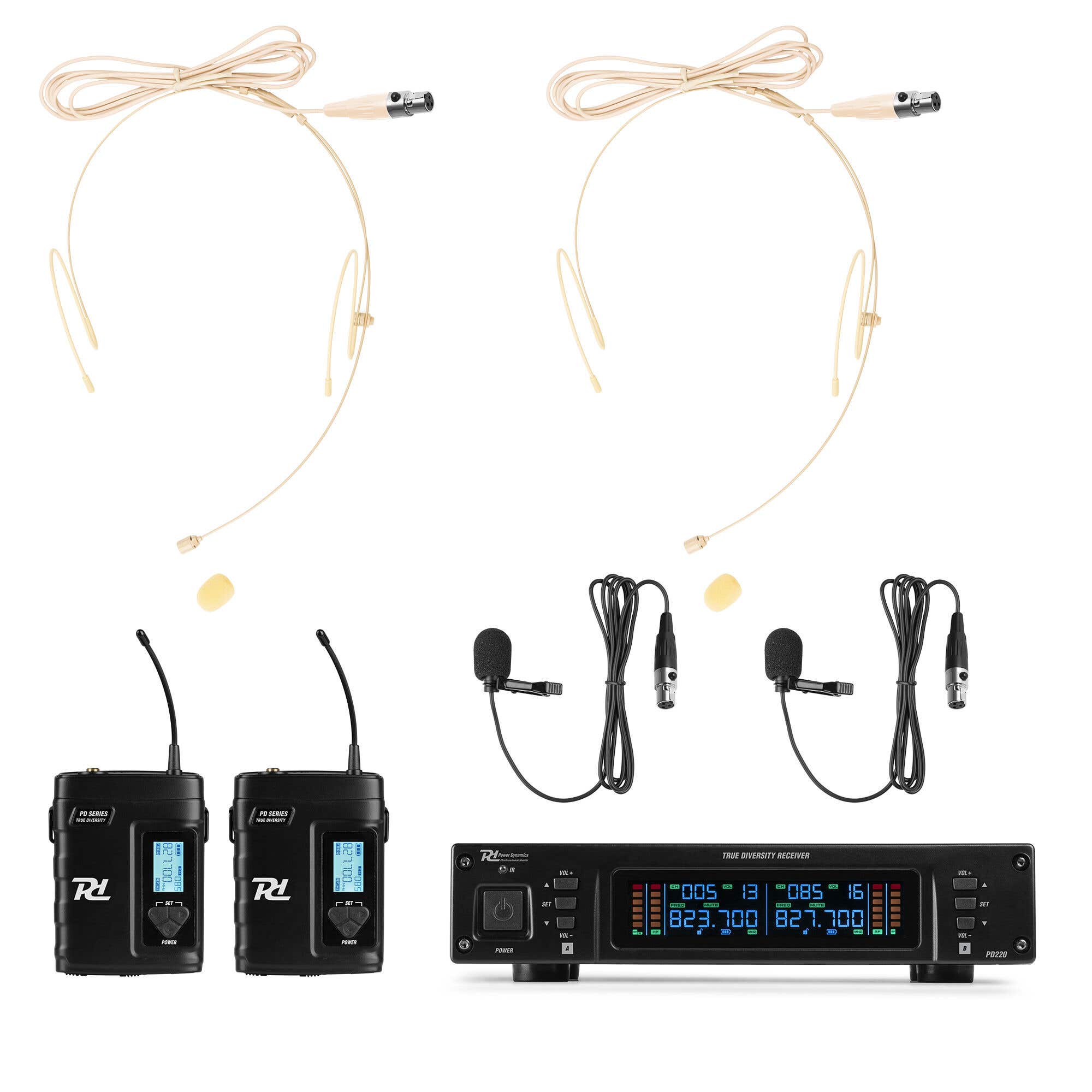 Power Dynamics PD220B UHF systeem met 2 draadloze bodypack microfoons - 2x 80 kanalen - Met koffer
