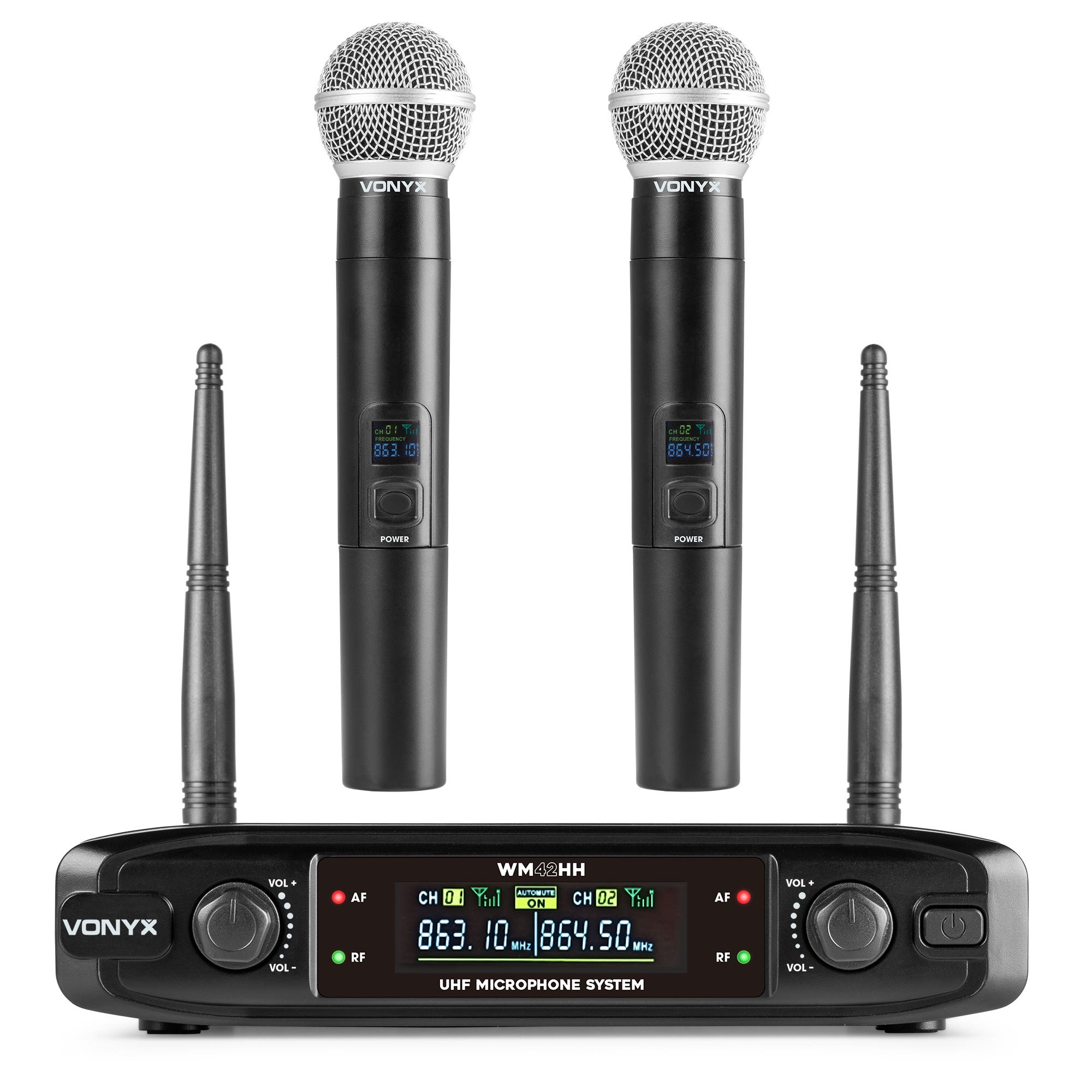 Vonyx WM42HH Draadloze microfoon set - Met 2 handmicrofoons en ontvanger - Voor zang en spraak - UHF