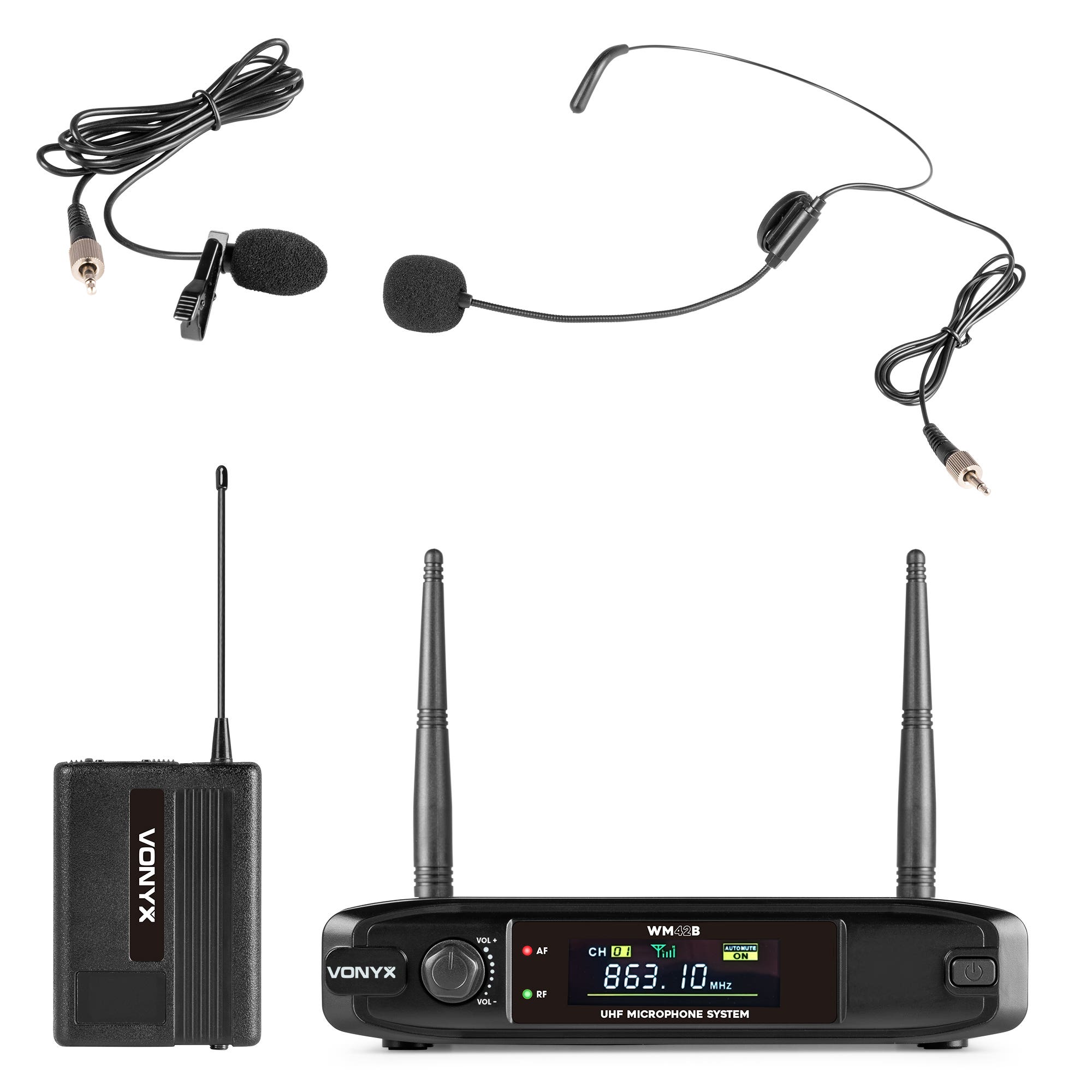 Vonyx WM42B Draadloze headset microfoon - Set met bodypack en dasspeld - Voor zang en spraak - UHF
