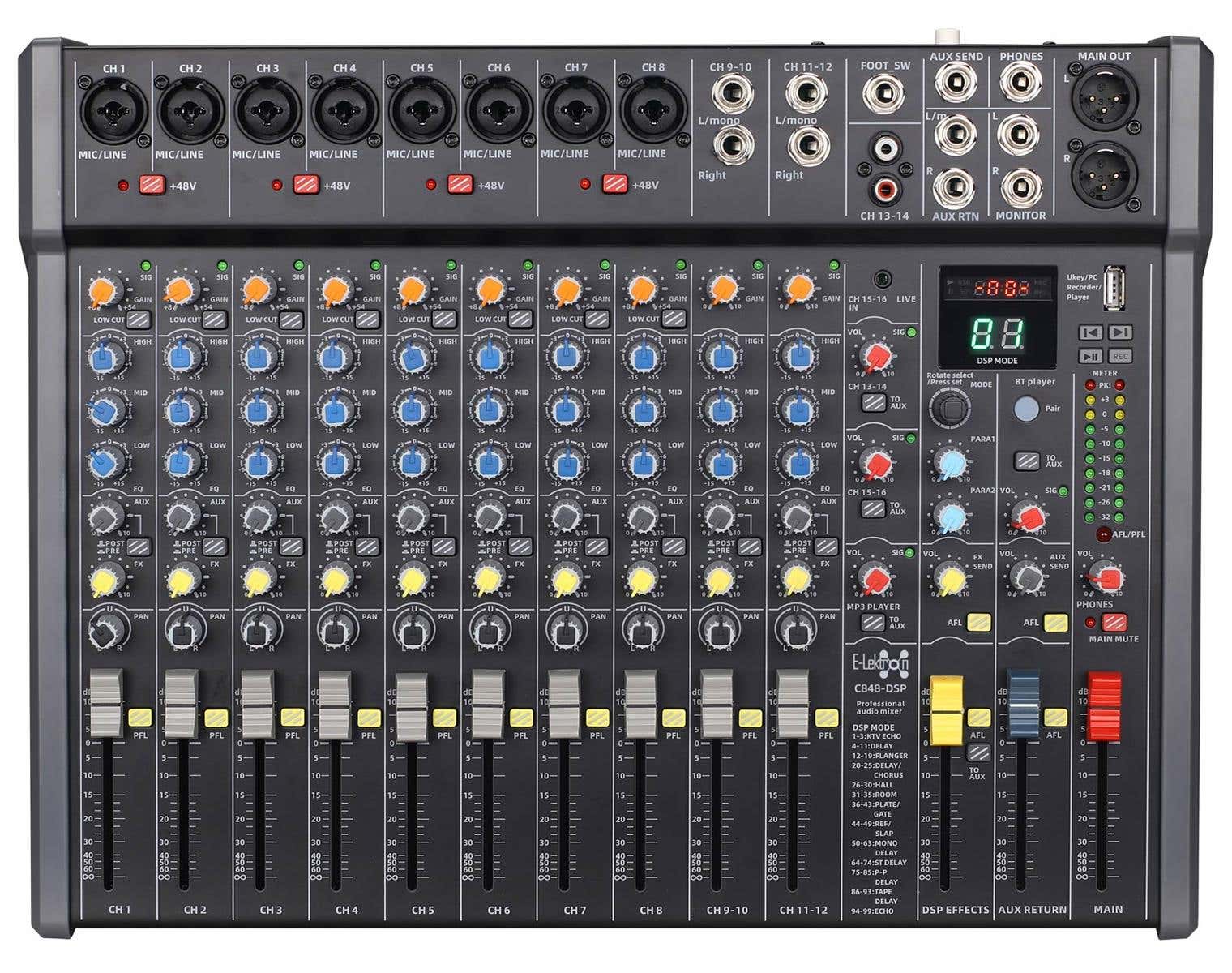 E-Lektron C848-DSP 16 kanaals mengpaneel - Met USB interface, DSP effecten en Bluetooth