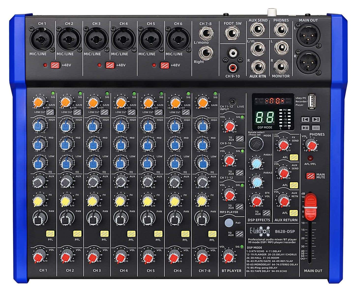 E-Lektron B628-DSP 12 kanaals mengpaneel - USB interface en DSP effecten