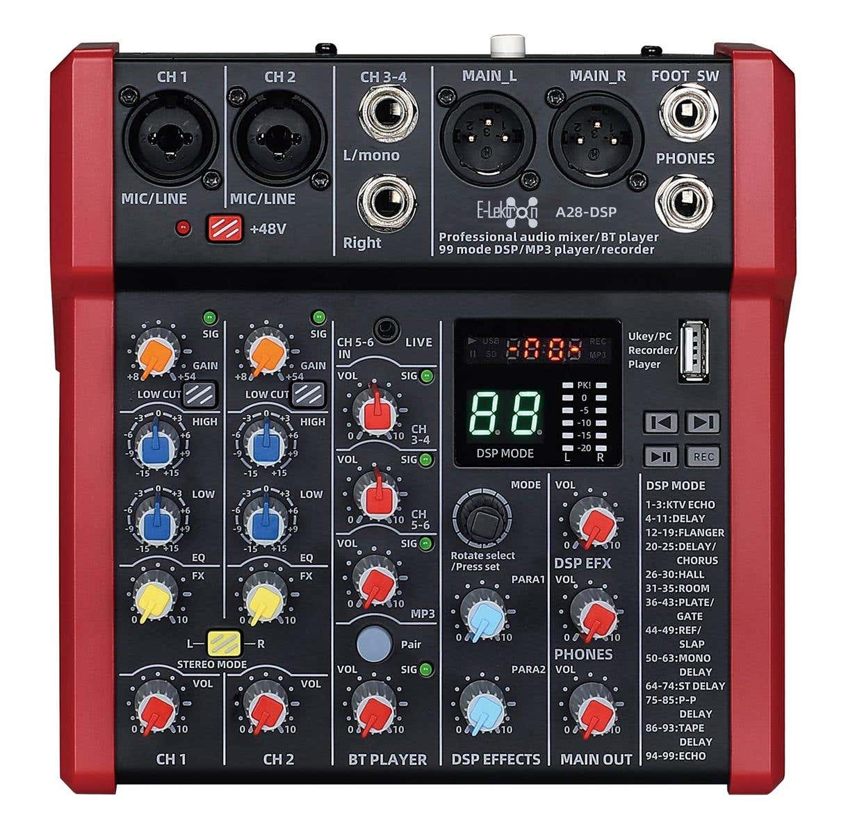 E-Lektron A28-DSP 6 kanaals mengpaneel - USB interface en DSP effecten