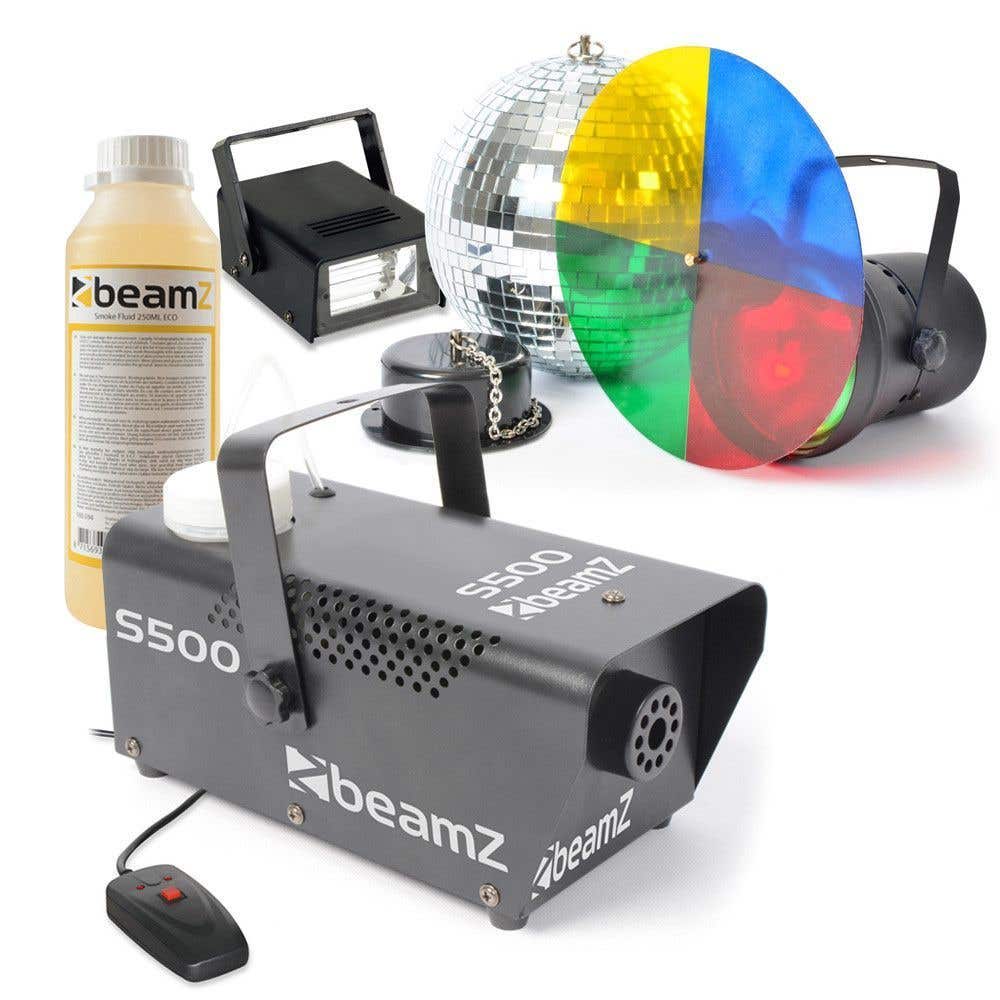BeamZ Compleet Discopakket met Rookmachine, Spiegelbol en Stroboscoop