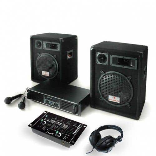 Complete DJ USB Set 600W - PA Boxen, Versterker, Mixer, headset, Mic Installatie