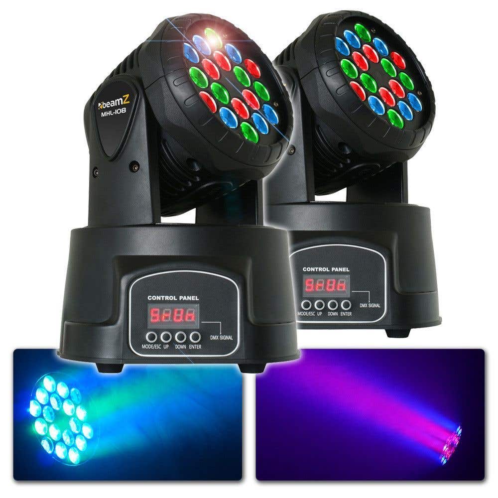 2x BeamZ MHL108 Movingheads + DMX kabels