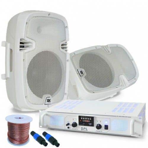 Witte 500W luidsprekerset met 2 stuks PDE-8 boxen en SPL500MP3 versterker met USB/SD
