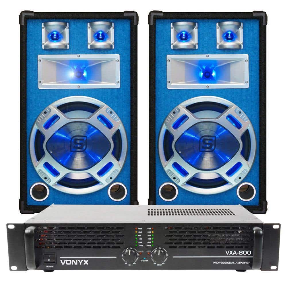 SkyTec DJ Set LED12 1200W PA Versterker met Disco Luidsprekers MKII