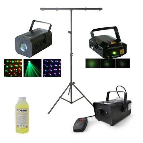 BeamZ lichtpakket Apollo laser met Ceto moonflower en S500 rookmachine met vloeistof en standaard