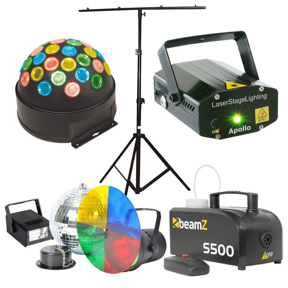 BeamZ lichtpakket Laser met Moonflower Fireball Stroboscoop Spiegelbol en S500 rookmachine met vloeistof en standaard