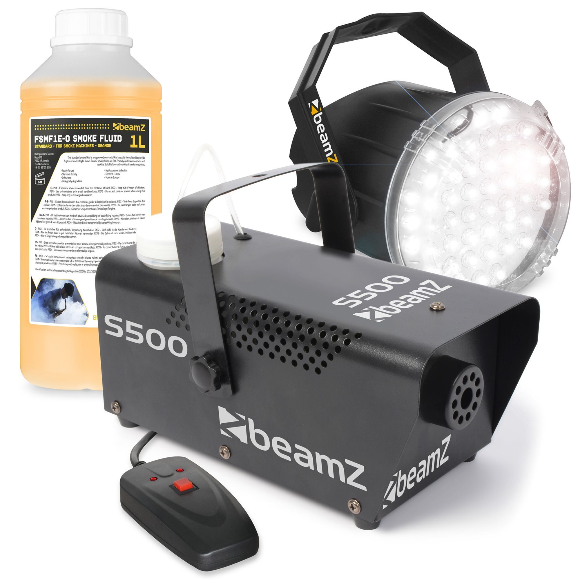 BeamZ LED Stroboscoop Wit met S500 Rookmachine met vloeistof