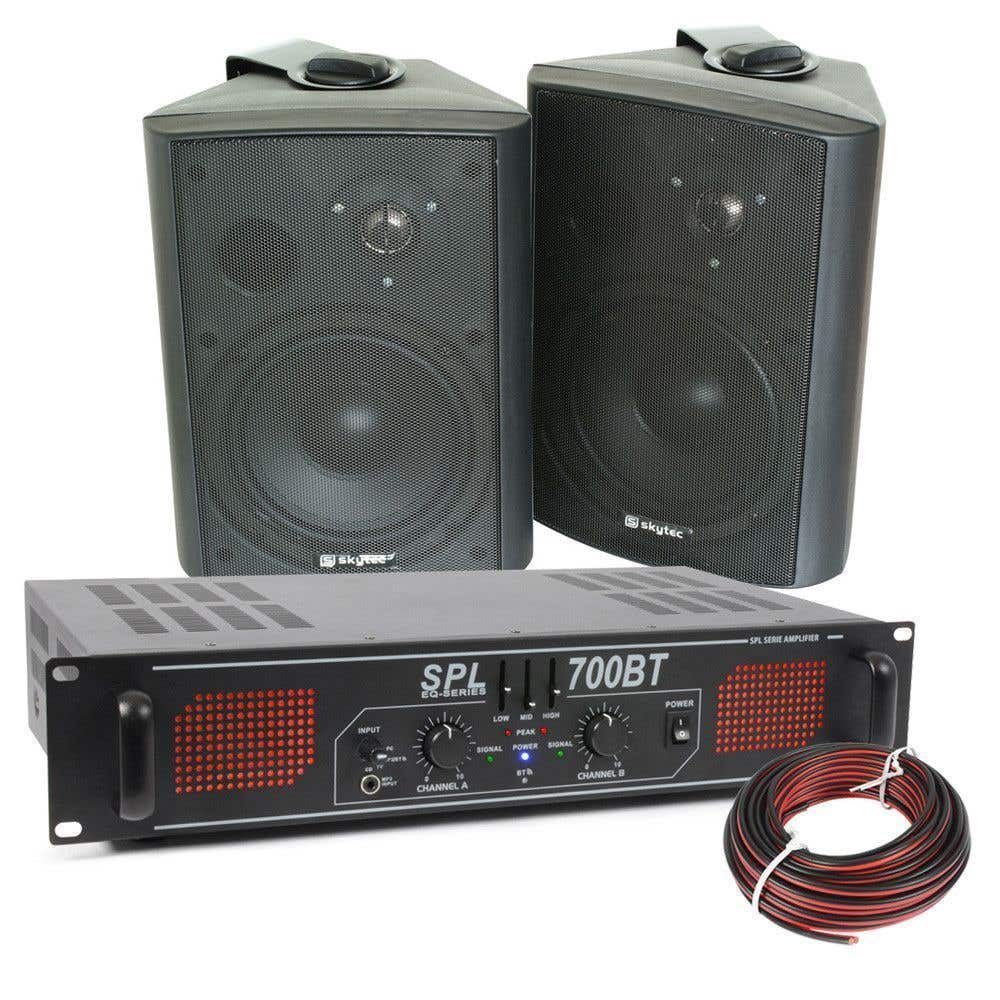 SkyTec zwarte HiFi Bluetooth geluidsset met versterker en 6,5" speakers.