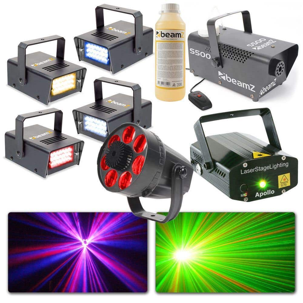 BeamZ lichtset met Rookmachine, LED lichteffect, Laser & 4x Stroboscoop