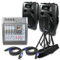 SkyTec STL-6 mixer met 12" speakers, stands en speakerkabels