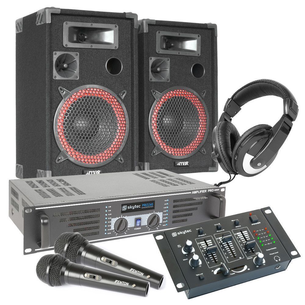 SkyTec Complete 500W DJ Set met Boxen, Versterker, Mixer, Koptelefoon,