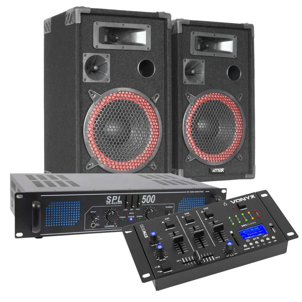 MAX DJ speaker set met Bluetooth versterker en mixer - Complete PA speakerset - 500W - 8 inch