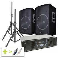 SkyTec 1000W disco installatie met versterker, 15" speakers en stands