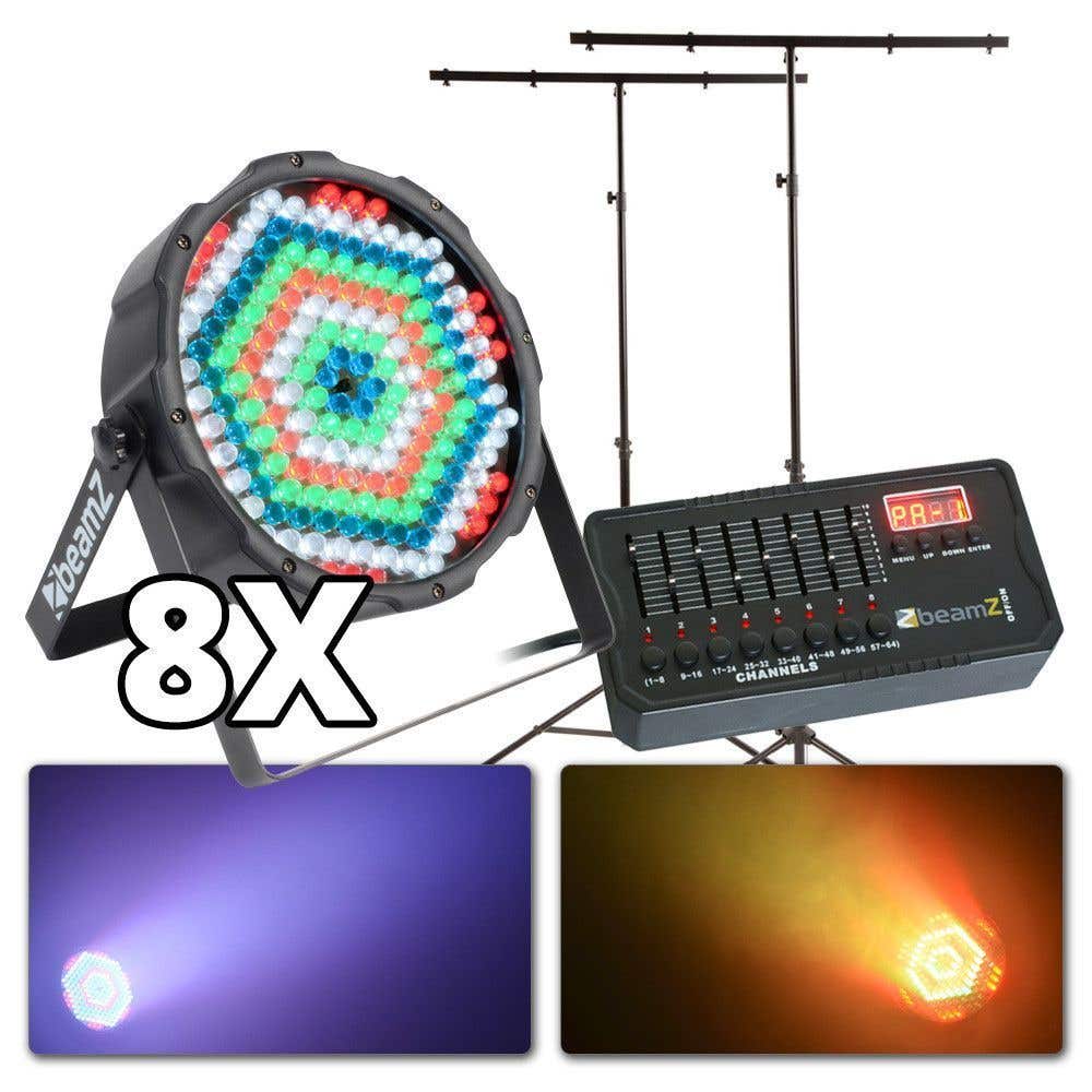 BeamZ lichtset met 8 PAR spots, 2 statieven, DMX controller en kabels
