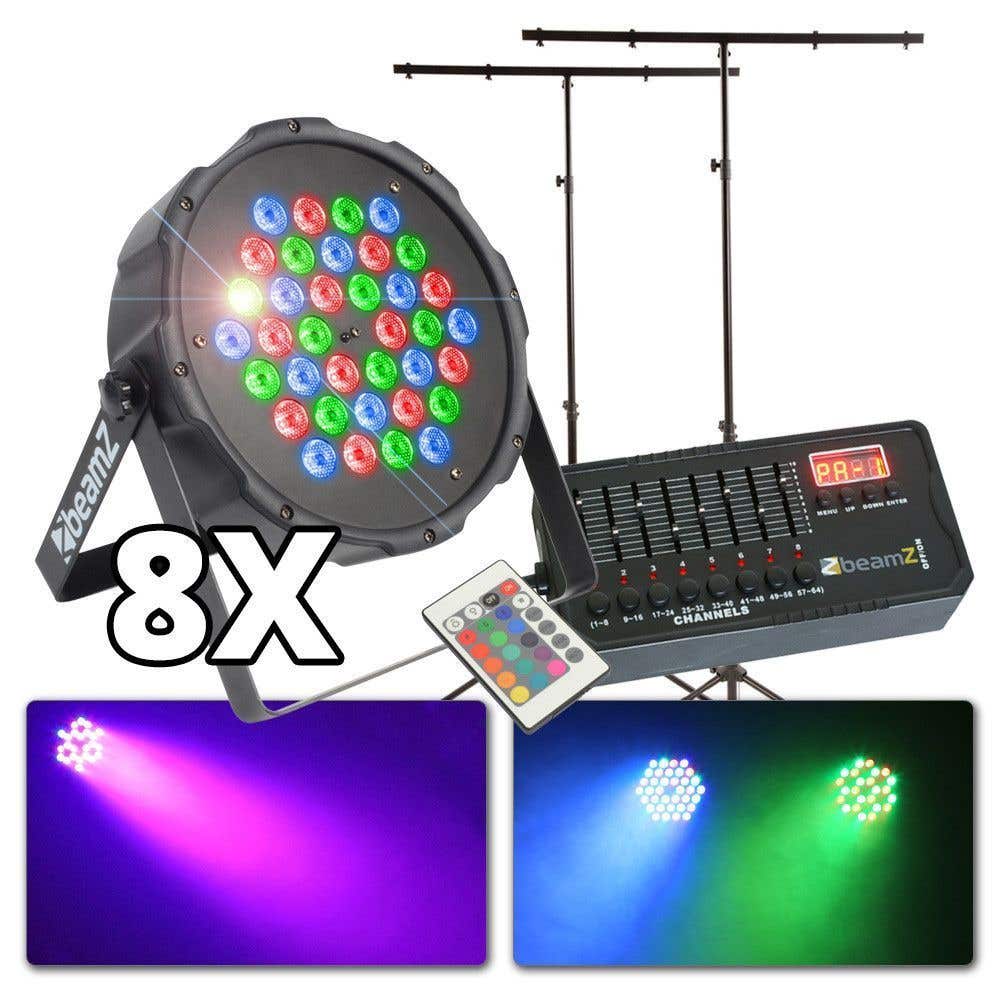 BeamZ lichtset met 8 FLATPAR spots, 2 statieven, DMX controller en kabels