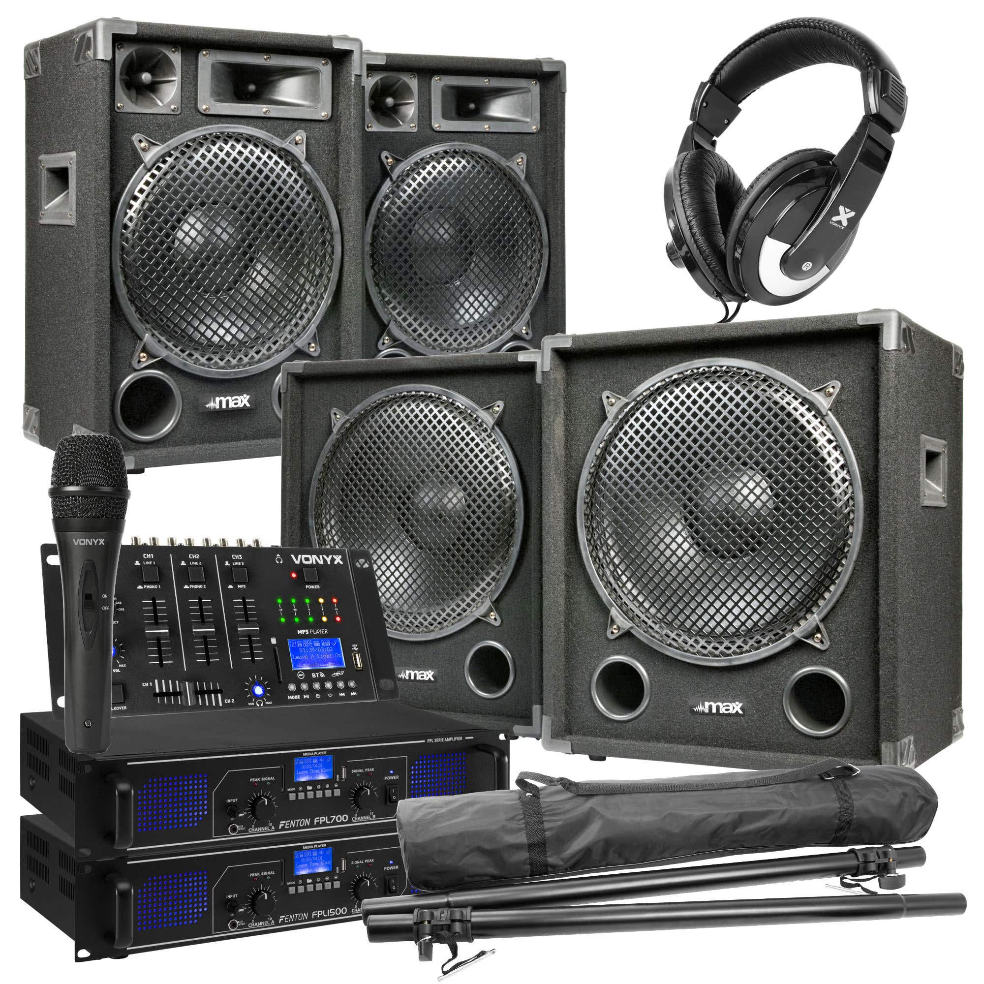 MAX-1215 Complete DJ Set met o.a. Bluetooth mixer - 2.2 DJ set - 2200W 