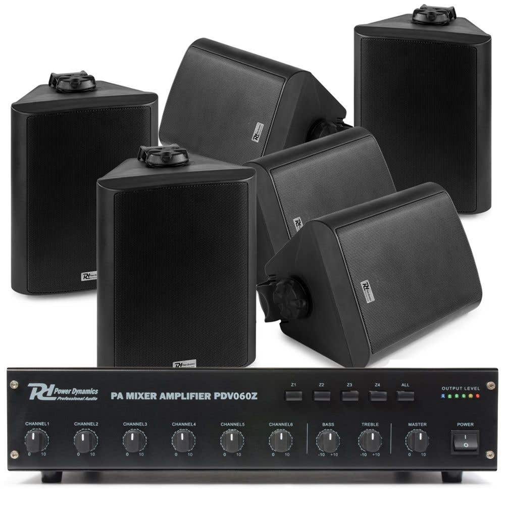 Power Dynamics 100V set met 6 zwarte opbouw speakers en versterker