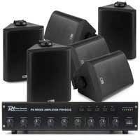 Power Dynamics 100V set met 6 zwarte opbouw speakers en versterker