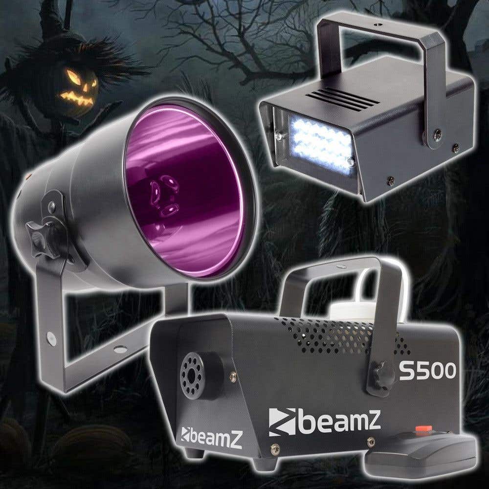 BeamZ Complete Halloween Effectset met Rookmachine, LED Stroboscoop en PAR38 Can Blacklight